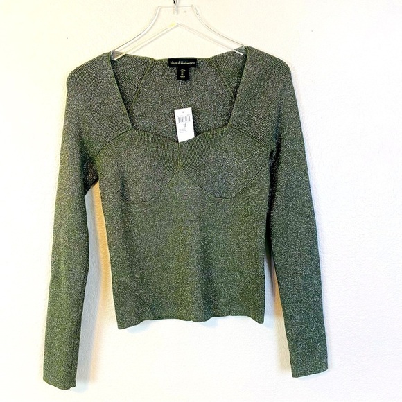 House Of Harlow 1960 Silver Metallic Shimmer Moss Green Stretch Knit Top Size L - Picture 2 of 11